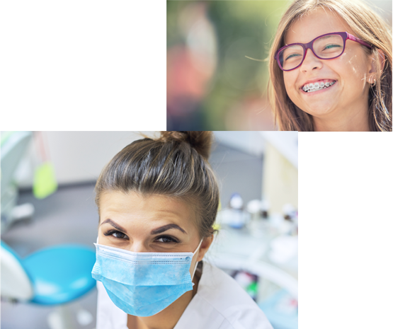 image of female orthodontist with a blue mask and a young girl with braces