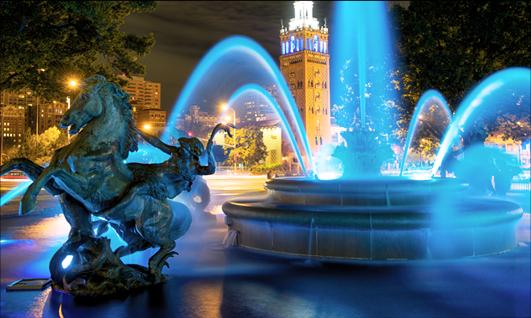 Blue Fountain With Statue of Man Riding Horse In Downtown Kansas City